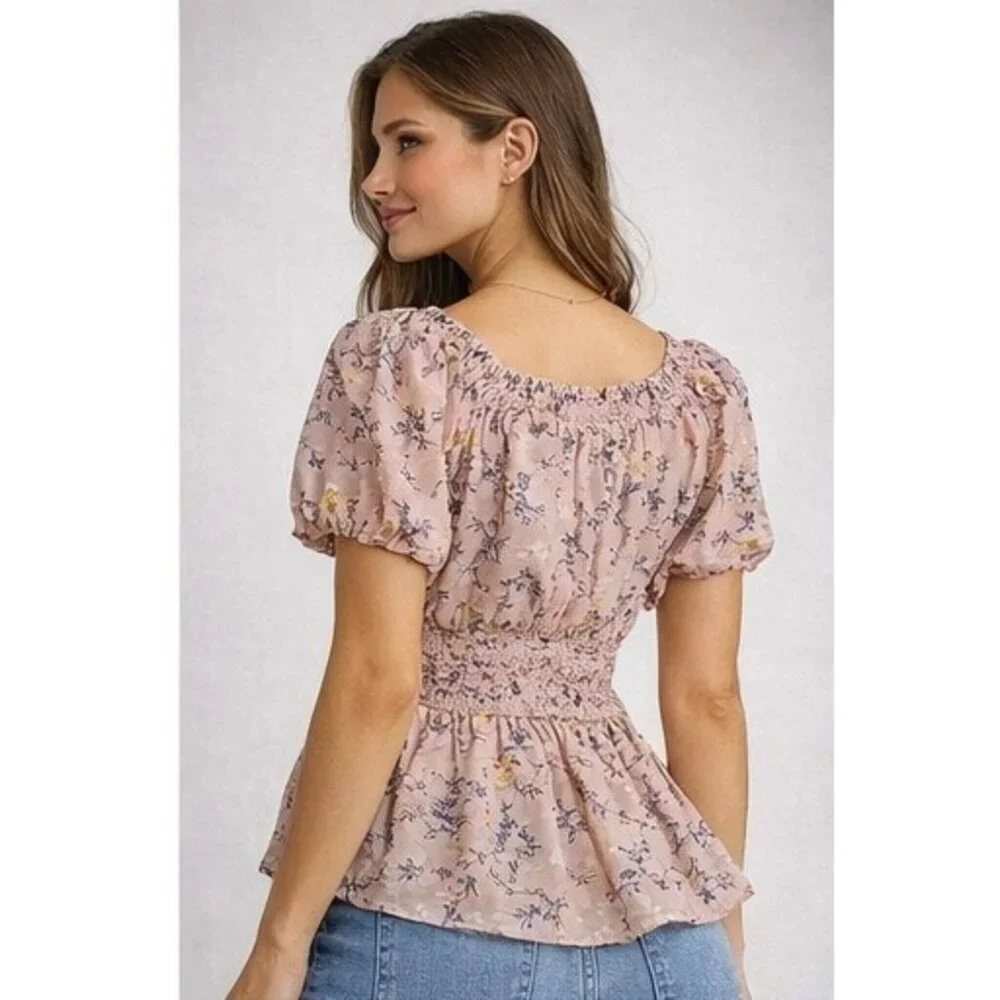 Derek Heart Pink Blush Floral Smocked Peplum Top Size Jrs M Cottagecore - Picture 2 of 8